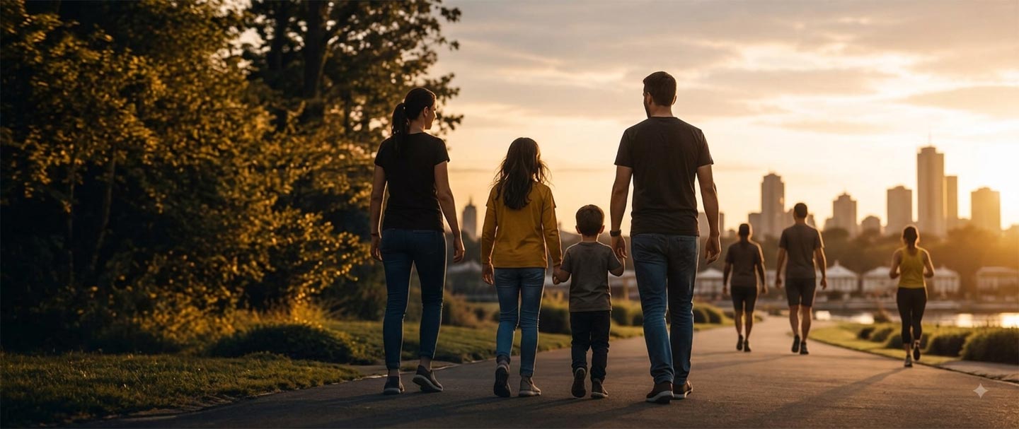 Family walking together at sunset